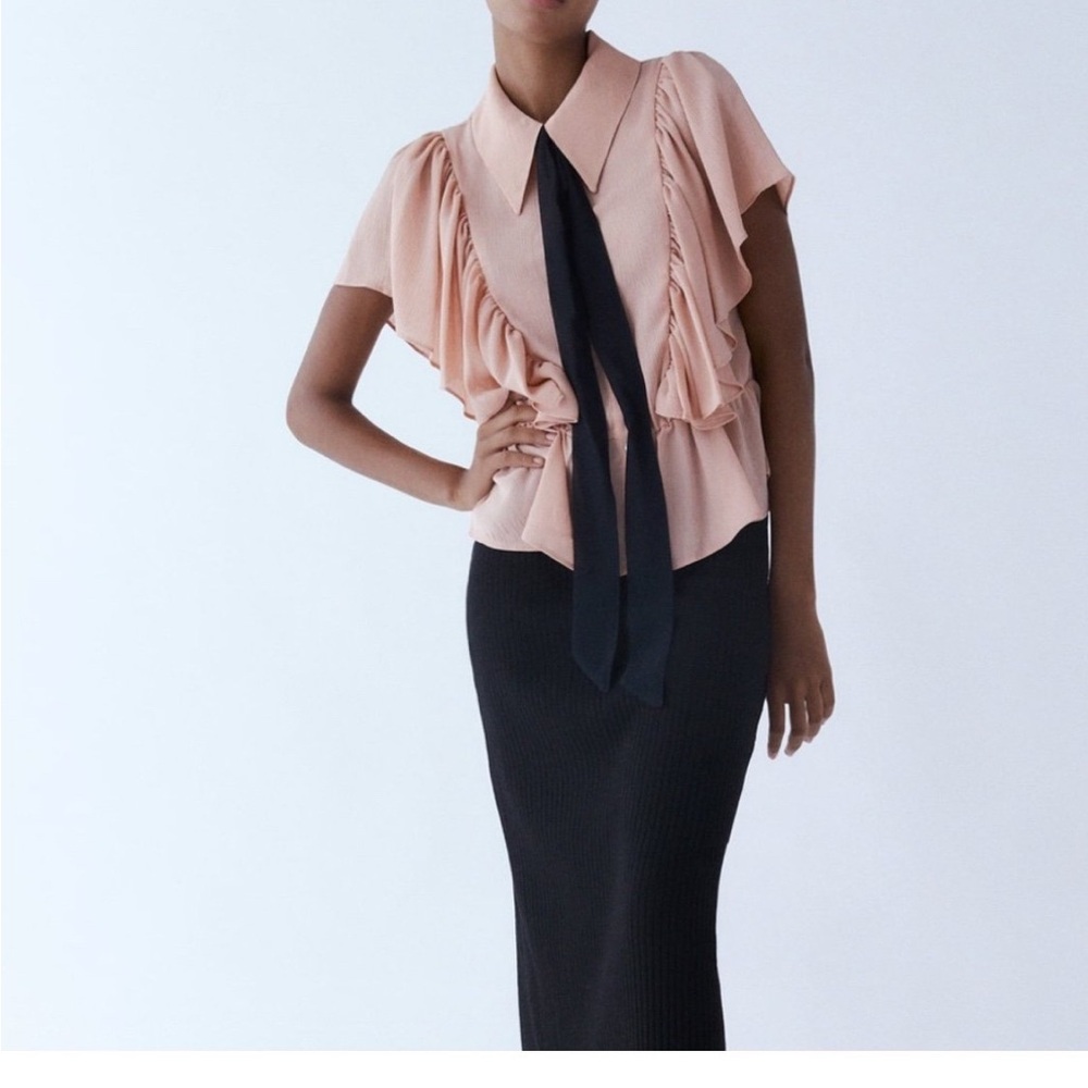 Zara Pink Ruffle Tie-Neck Blouse with Black Tie